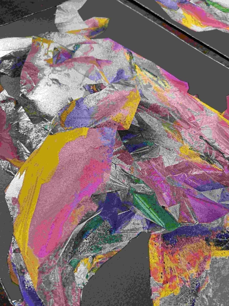Multi-colour screenprint, pink purple yellow, abstract rabbit with loose gestural marks on grey stock