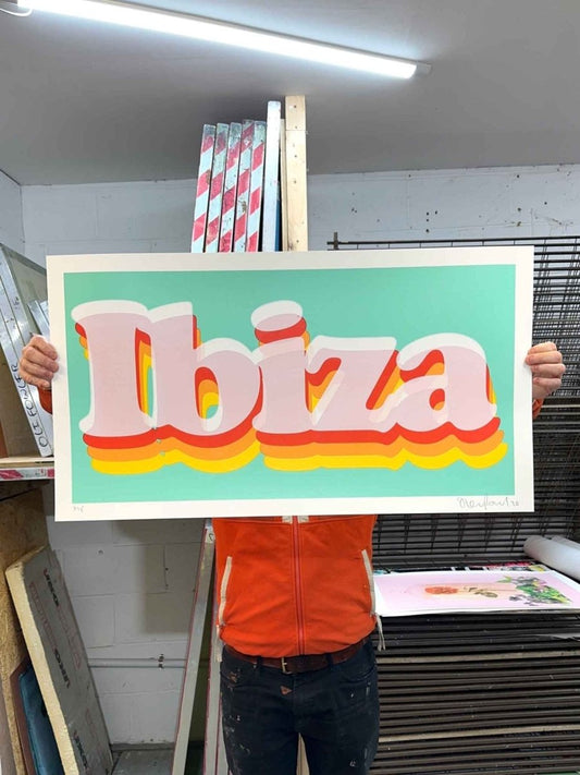 IBIZA XL hand-pulled screenprint by Oli Fowler, bold retro typography in teal, pink, red and orange