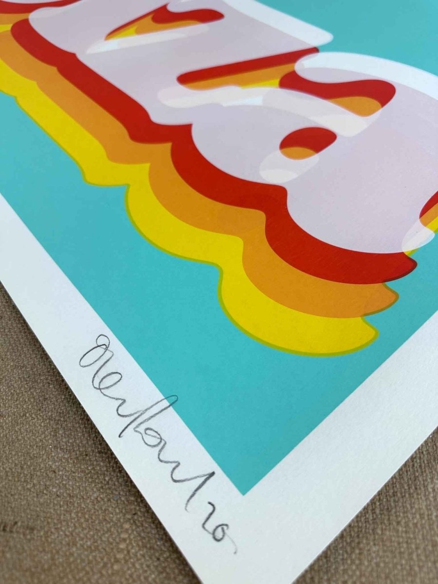 Hand-pulled screenprint, mint green and pink, retro 'Ibiza' lettering with rainbow wave shadows