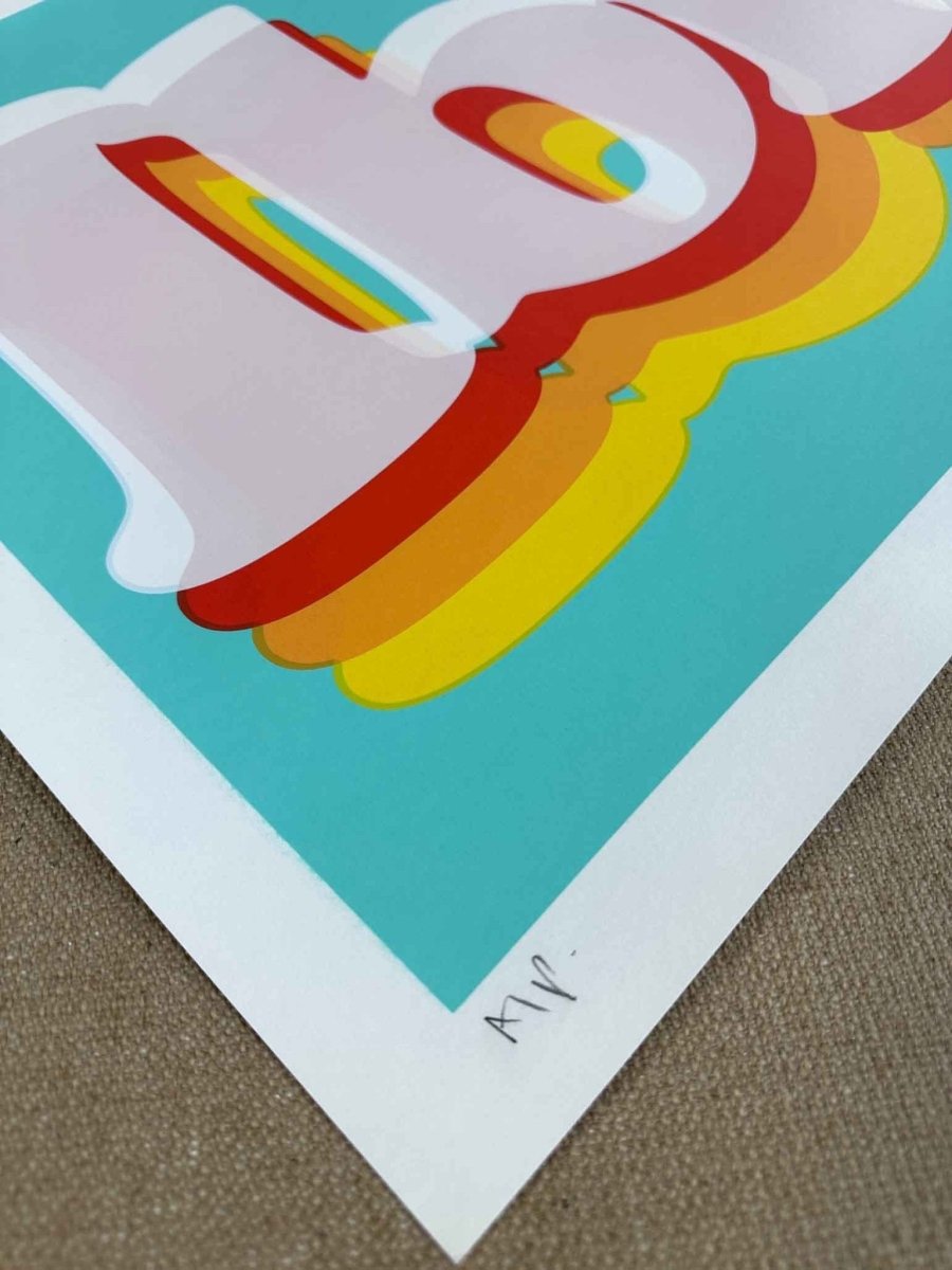 Hand-pulled screenprint, mint green and pink, retro 'Ibiza' lettering with rainbow wave shadows
