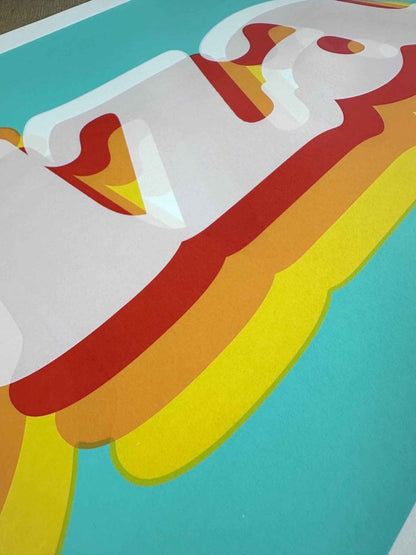 Hand-pulled screenprint, mint green and pink, retro 'Ibiza' lettering with rainbow wave shadows