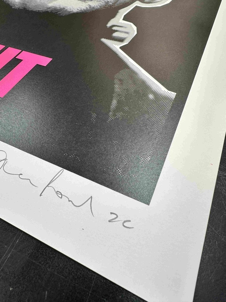 3-colour screenprint, black and pink, Frankenstein's monster with pink lips and INNIT text