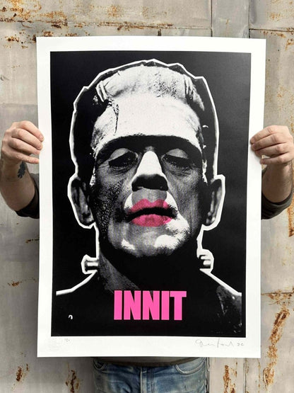INNIT Halloween 2024 hand-pulled screenprint by Oli Fowler — Frankenstein's monster with fluorescent pink type