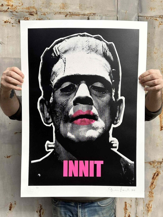 INNIT Halloween 2024 hand-pulled screenprint by Oli Fowler — Frankenstein's monster with fluorescent pink type
