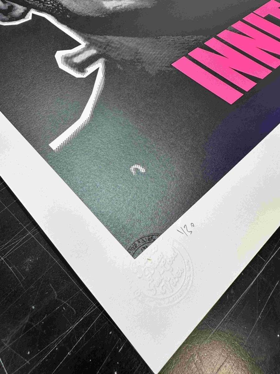 3-colour screenprint, black and pink, Frankenstein's monster with pink lips and INNIT text