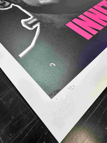 3-colour screenprint, black and pink, Frankenstein's monster with pink lips and INNIT text