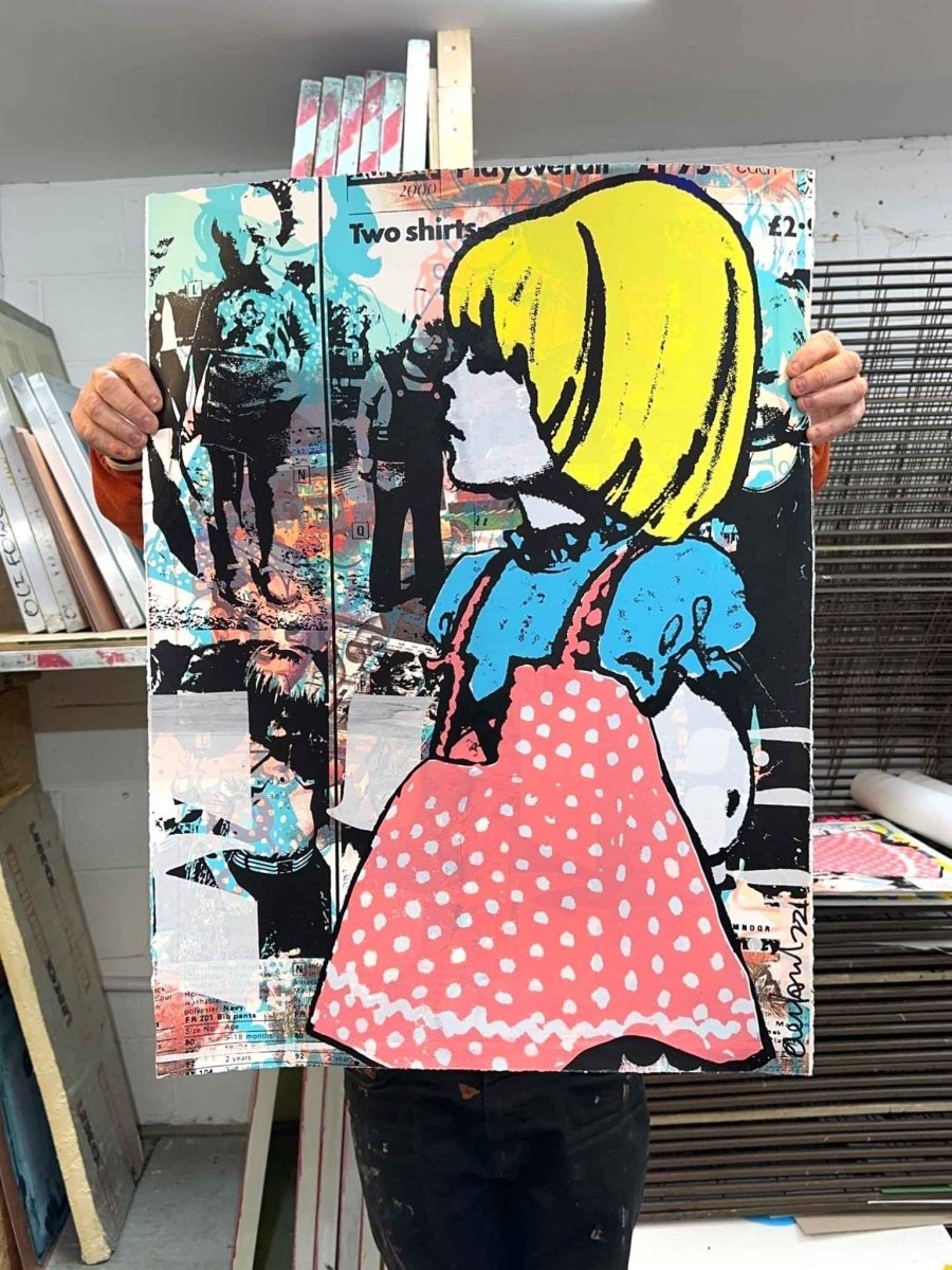 Multi-colour screenprint, yellow, pink and blue, blonde girl in polka dot dress with newsprint collage