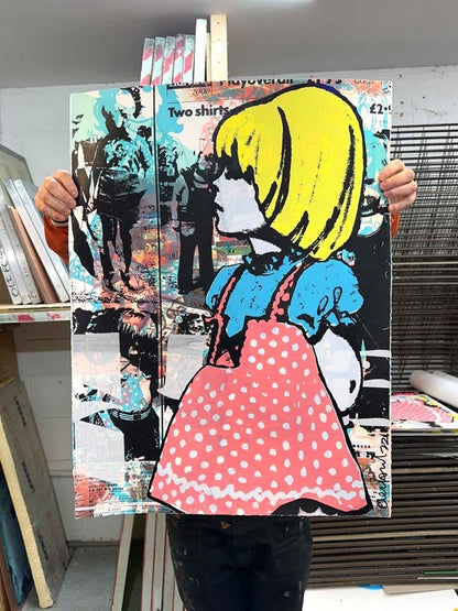 Multi-colour screenprint, yellow, pink and blue, blonde girl in polka dot dress with newsprint collage