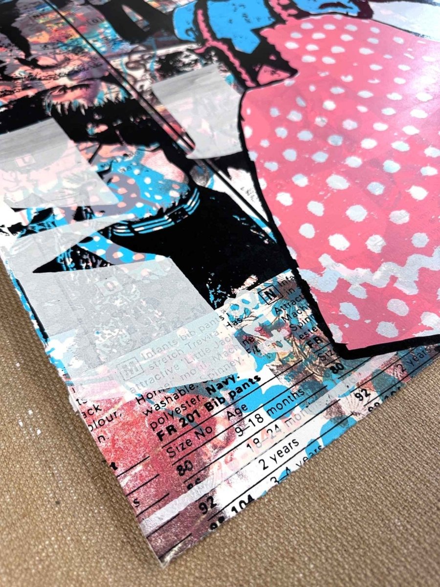 Multi-colour screenprint, yellow, pink and blue, blonde girl in polka dot dress with newsprint collage