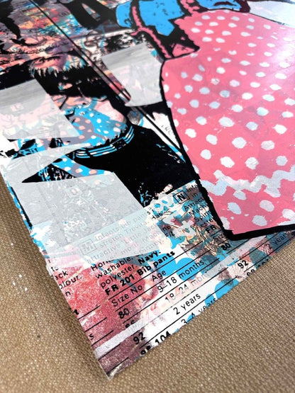 Multi-colour screenprint, yellow, pink and blue, blonde girl in polka dot dress with newsprint collage
