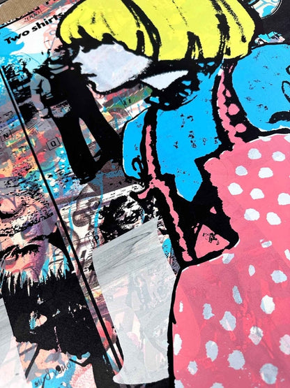 Multi-colour screenprint, yellow, pink and blue, blonde girl in polka dot dress with newsprint collage