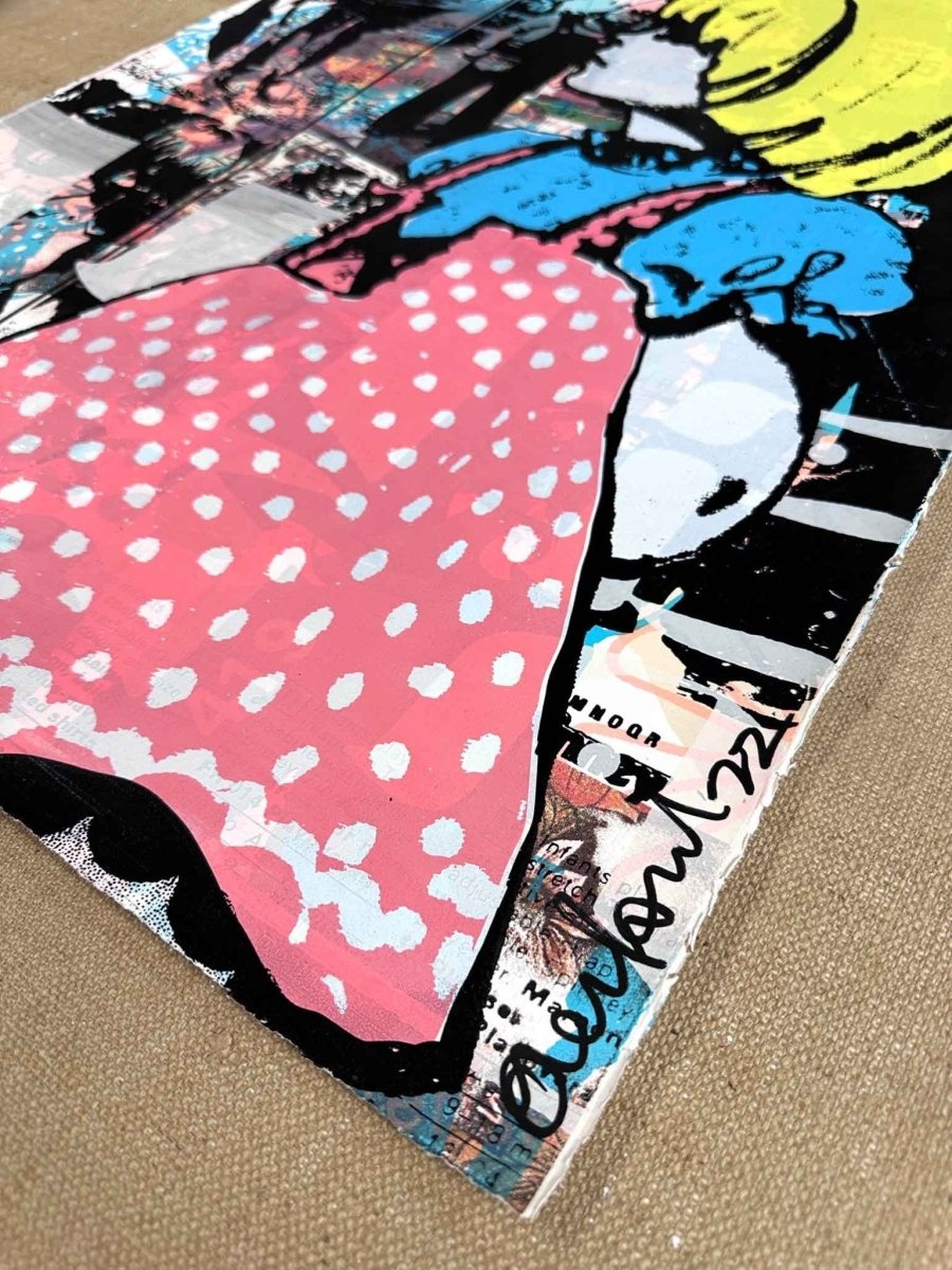 Multi-colour screenprint, yellow, pink and blue, blonde girl in polka dot dress with newsprint collage