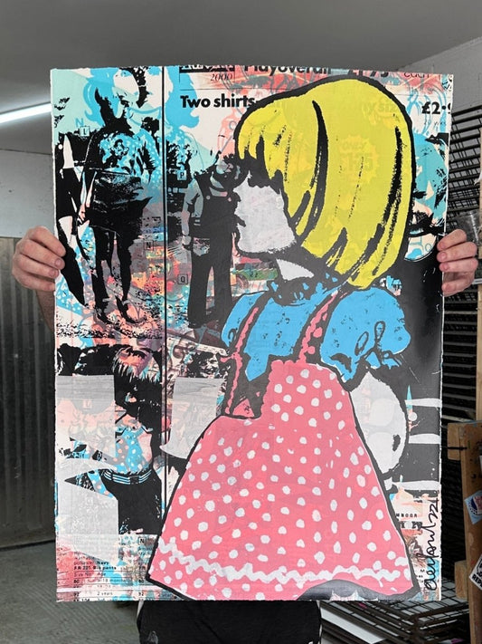 Jacky, original hand-pulled screenprint by Oli Fowler, blonde girl in polka dot dress on urban collage