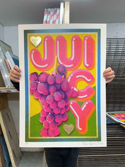 Juicy hand-pulled screenprint with gold leaf by Oli Fowler — neon grapes and bubble letter typography