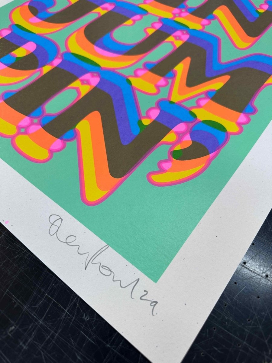 7-colour screenprint, mint green, rainbow psychedelic bubble letters 'Jumpin'', edition of 40, white stock