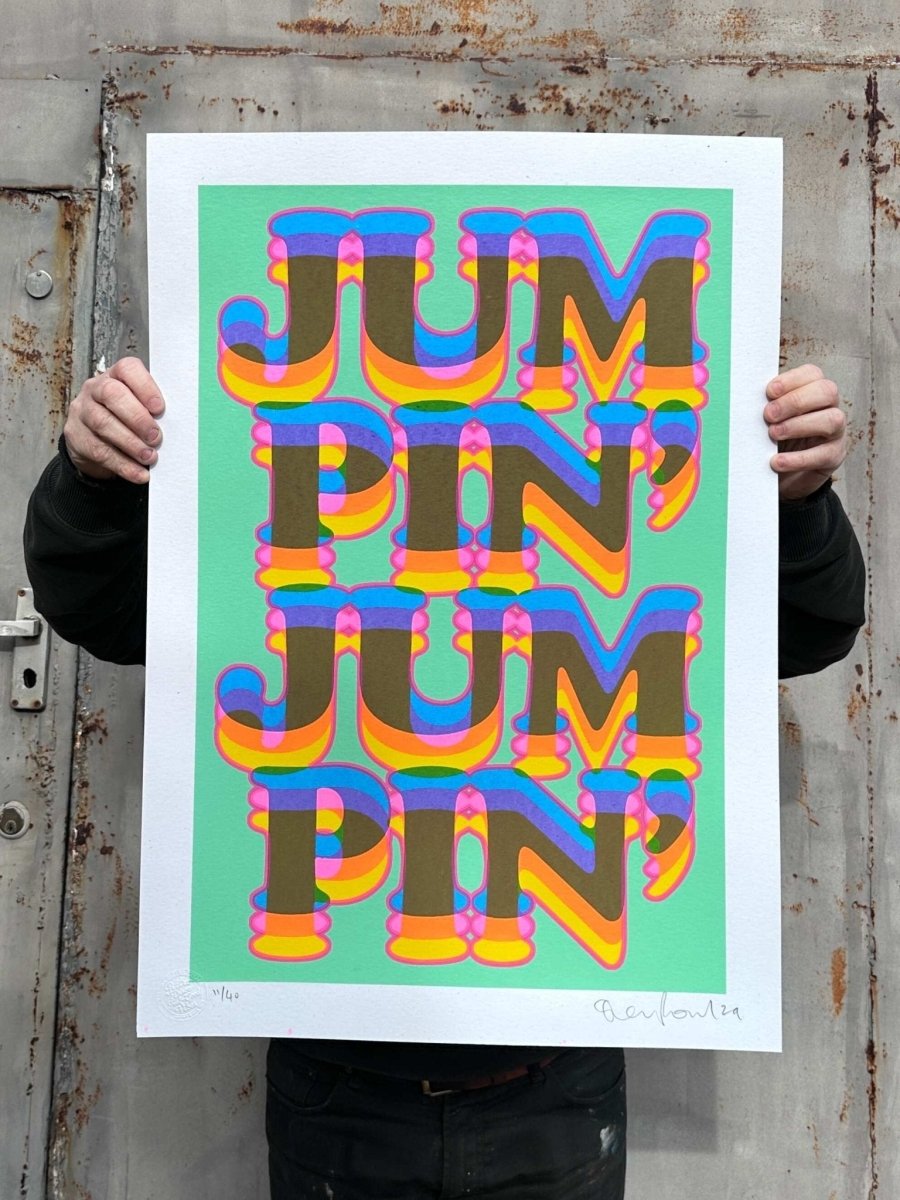 Jumpin' hand-pulled screenprint by Oli Fowler, bold neon green design with layered rainbow lettering
