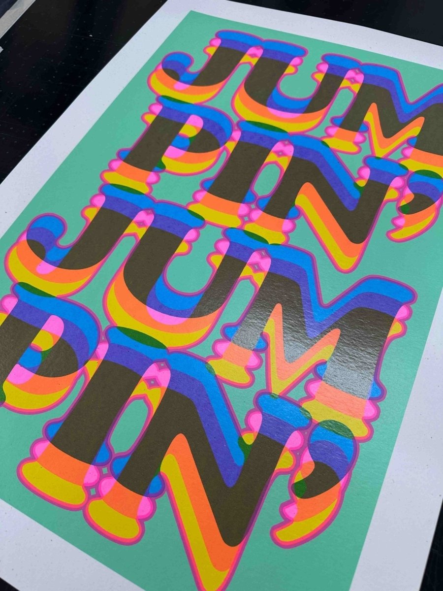 7-colour screenprint, mint green, rainbow psychedelic bubble letters 'Jumpin'', edition of 40, white stock