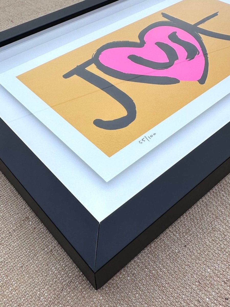 3-colour hand-pulled screenprint, yellow, pink and black, 'Just' with heart motif, edition of 100