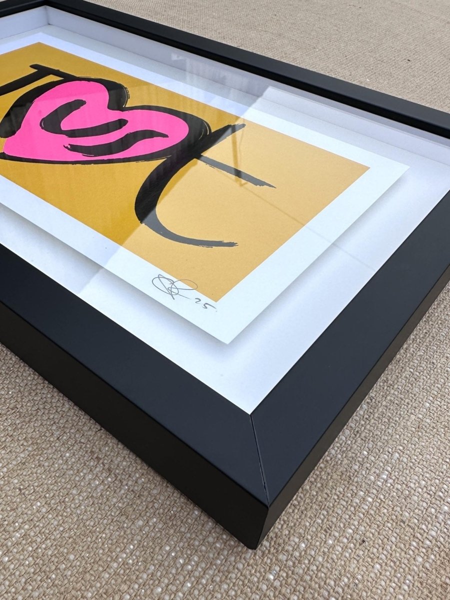 3-colour hand-pulled screenprint, yellow, pink and black, 'Just' with heart motif, edition of 100