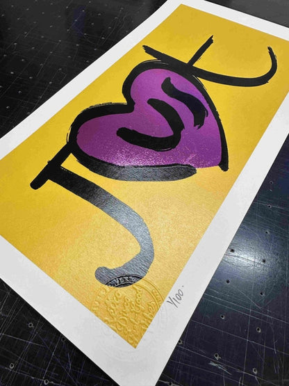 JusT Handpulled Screenprint in Fluro Pink and Metallic Leaf Screen Print OLI FOWLER ART tag1  fluorescent