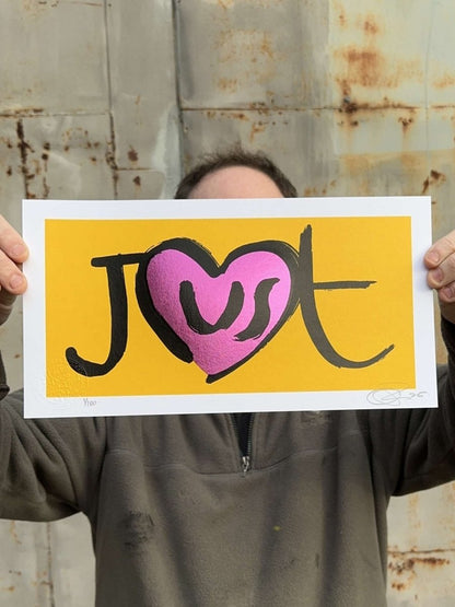 3-colour hand-pulled screenprint, yellow, pink and black, 'Just' with heart motif, edition of 100