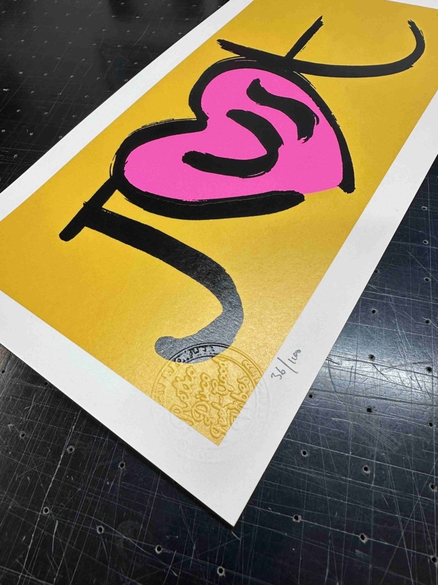 3-colour hand-pulled screenprint, yellow, pink and black, 'Just' with heart motif, edition of 100