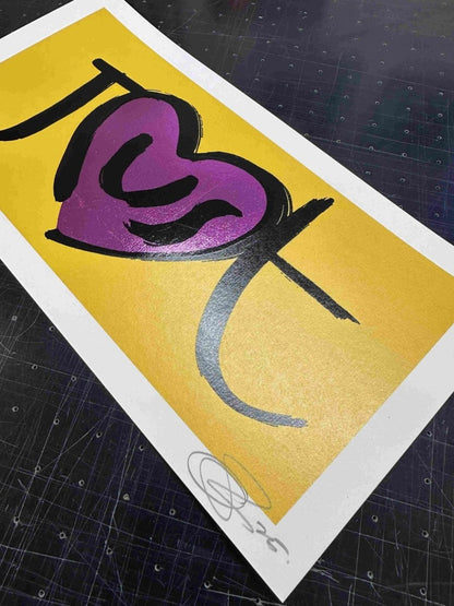 JusT Handpulled Screenprint in Fluro Pink and Metallic Leaf Screen Print OLI FOWLER ART tag1  fluorescent