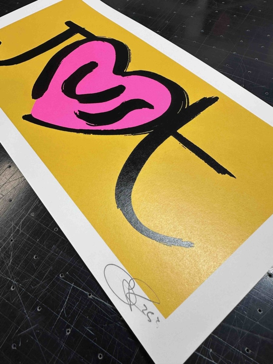 3-colour hand-pulled screenprint, yellow, pink and black, 'Just' with heart motif, edition of 100