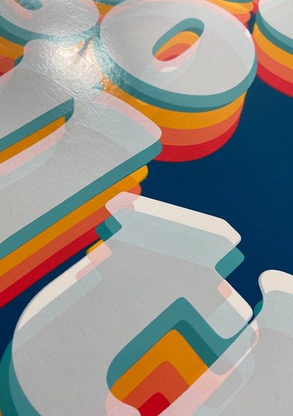 Multi-colour screenprint, navy blue, retro 3D typography with rainbow shadow effect, white stock