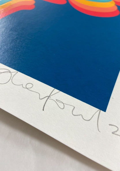 Multi-colour screenprint, navy blue, retro 3D typography with rainbow shadow effect, white stock