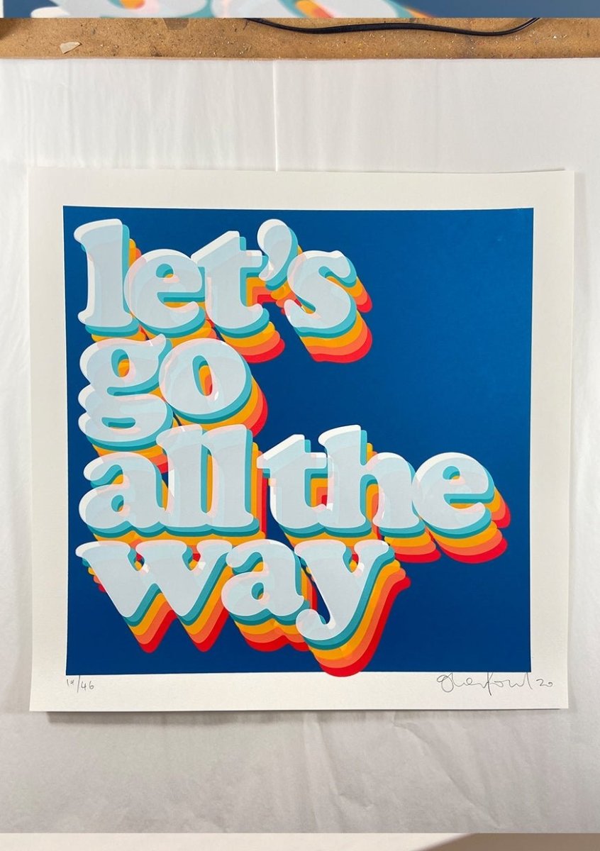 Multi-colour screenprint, navy blue, retro 3D typography with rainbow shadow effect, white stock