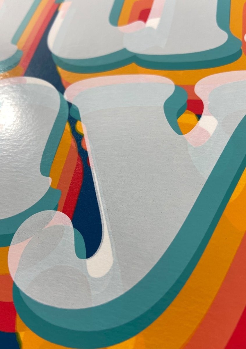 Multi-colour screenprint, navy blue, retro 3D typography with rainbow shadow effect, white stock