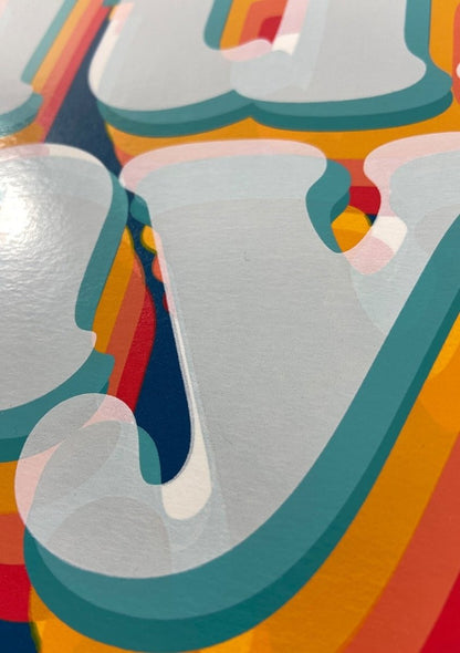 Multi-colour screenprint, navy blue, retro 3D typography with rainbow shadow effect, white stock