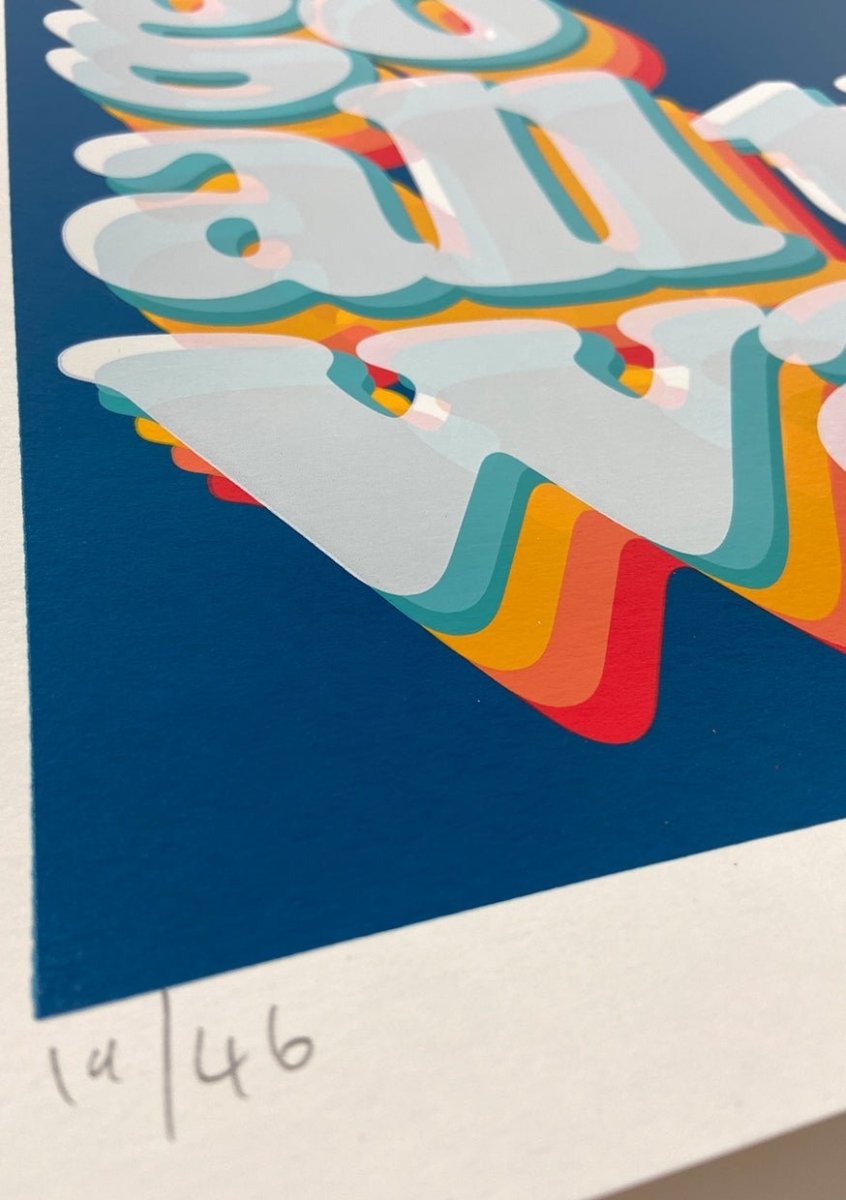 Multi-colour screenprint, navy blue, retro 3D typography with rainbow shadow effect, white stock
