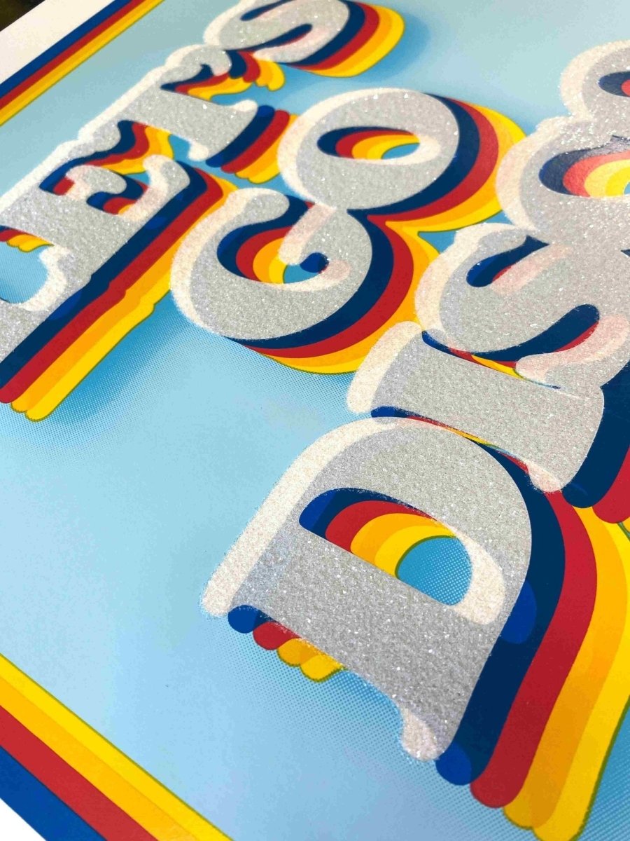 5-colour screenprint, cyan/blue/red/yellow, retro 3D 'LET'S GO DISCO' with diamond dust, edition of 62