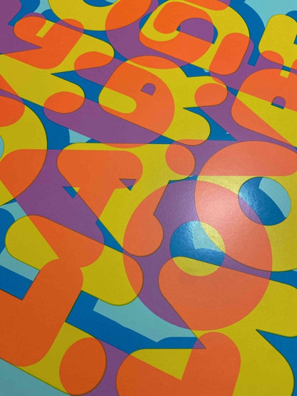 5-colour screenprint, turquoise pink orange yellow blue, bold overlapping 'Live Laugh Love' lettering on white paper