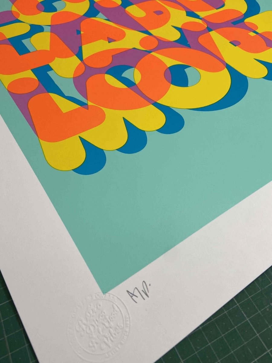 5-colour screenprint, turquoise pink orange yellow blue, bold overlapping 'Live Laugh Love' lettering on white paper