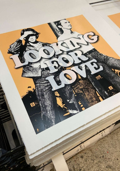 3-colour screenprint, orange and black, pop art duo with bold typography, edition of 24, white stock