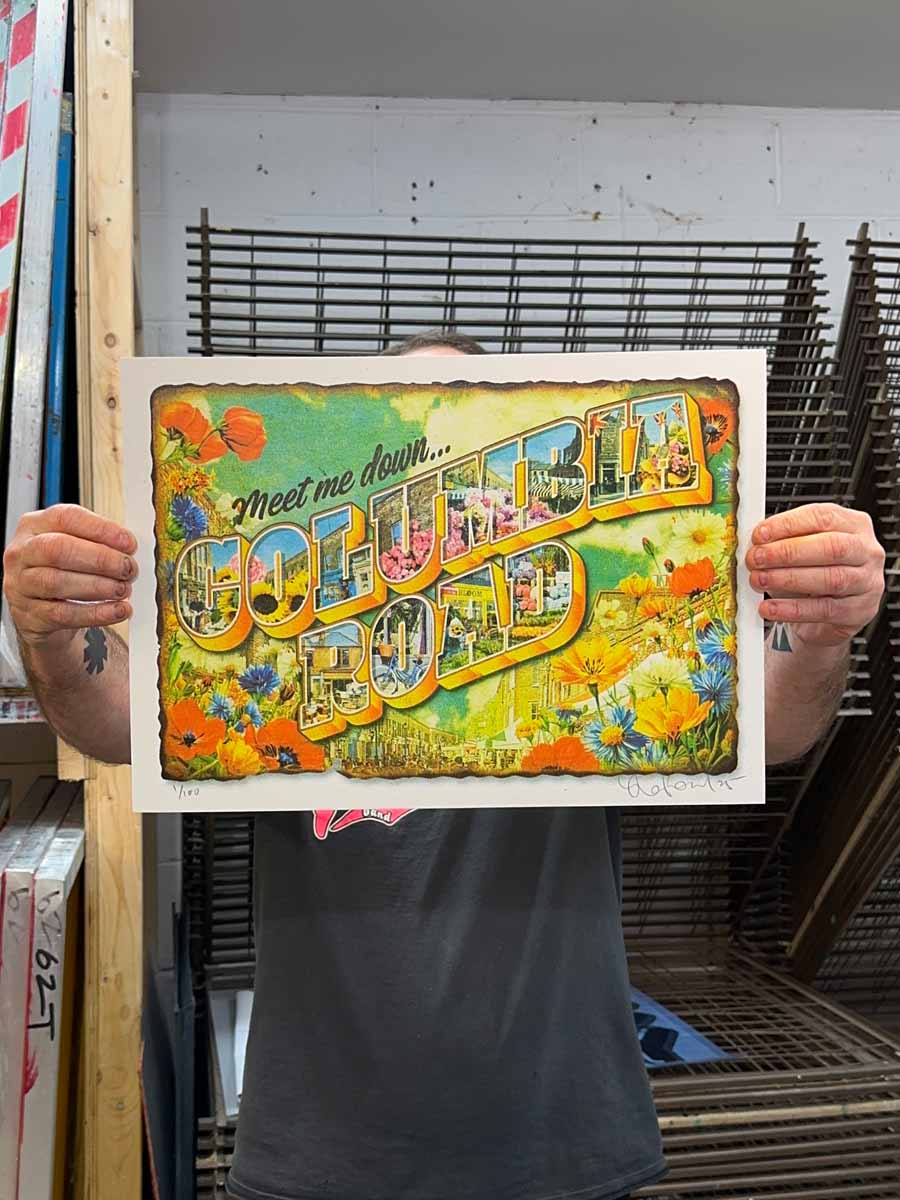 Greetings From Columbia Road, vintage postcard lettering, hand-pulled screenprint held by artist Oli Fowler