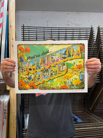 Greetings From Columbia Road, vintage postcard lettering, hand-pulled screenprint held by artist Oli Fowler