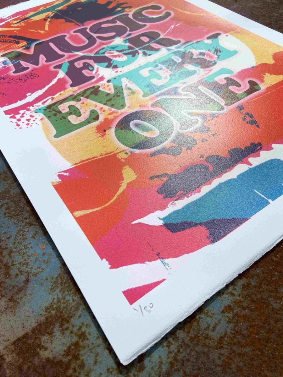 Multi-colour screenprint, pink orange yellow turquoise, Music For Everyone on abstract ground, edition of 40