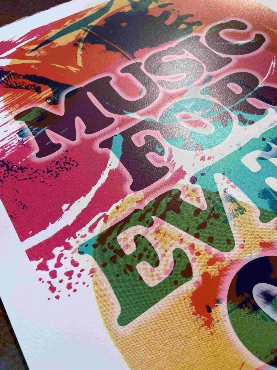Multi-colour screenprint, pink orange yellow turquoise, Music For Everyone on abstract ground, edition of 40