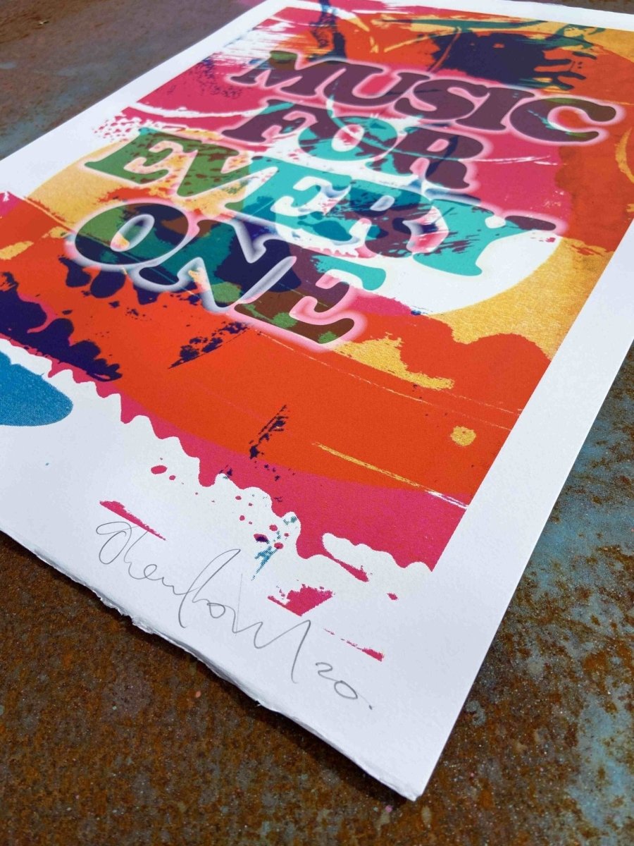 Multi-colour screenprint, pink orange yellow turquoise, Music For Everyone on abstract ground, edition of 40