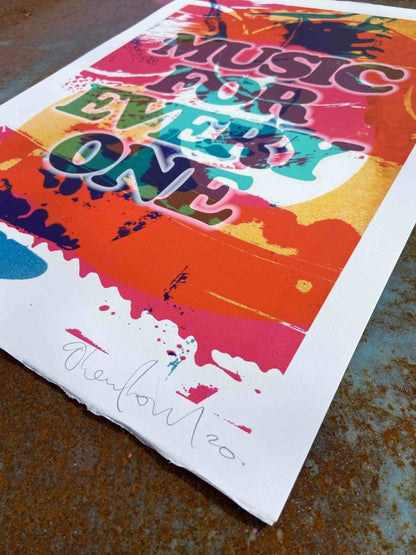 Multi-colour screenprint, pink orange yellow turquoise, Music For Everyone on abstract ground, edition of 40