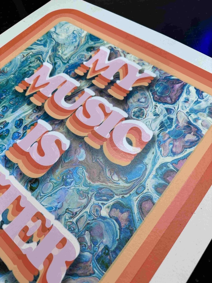 Multi-colour screenprint, coral and pink 3D type on marbled teal background, retro style on white stock