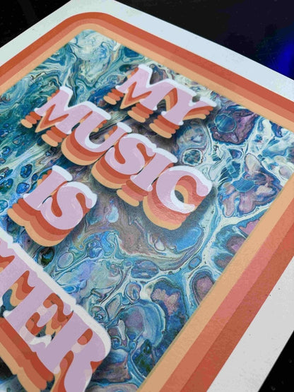 Multi-colour screenprint, coral and pink 3D type on marbled teal background, retro style on white stock