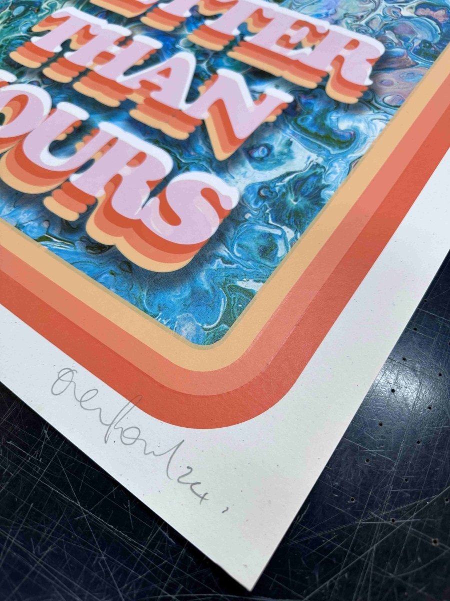 Multi-colour screenprint, coral and pink 3D type on marbled teal background, retro style on white stock