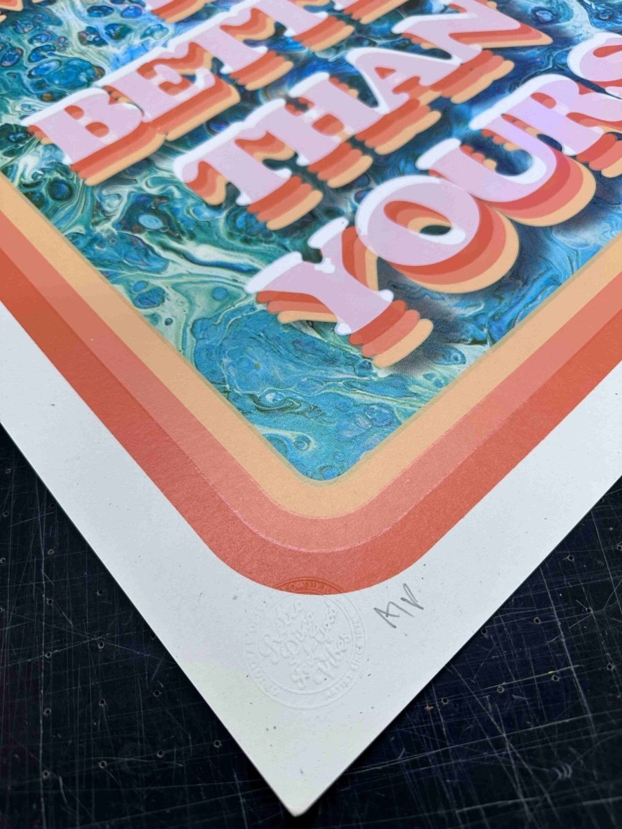 Multi-colour screenprint, coral and pink 3D type on marbled teal background, retro style on white stock