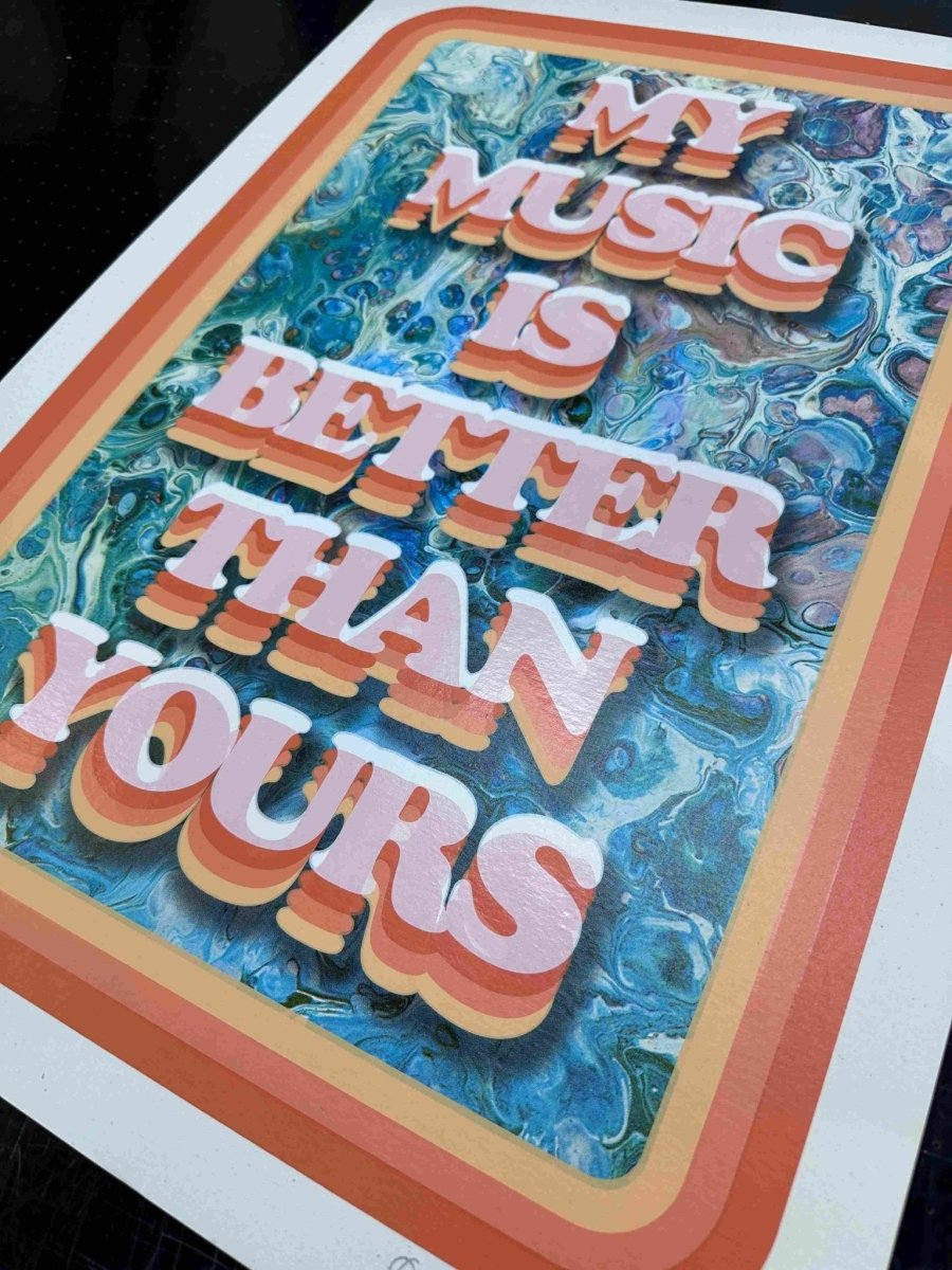 Multi-colour screenprint, coral and pink 3D type on marbled teal background, retro style on white stock