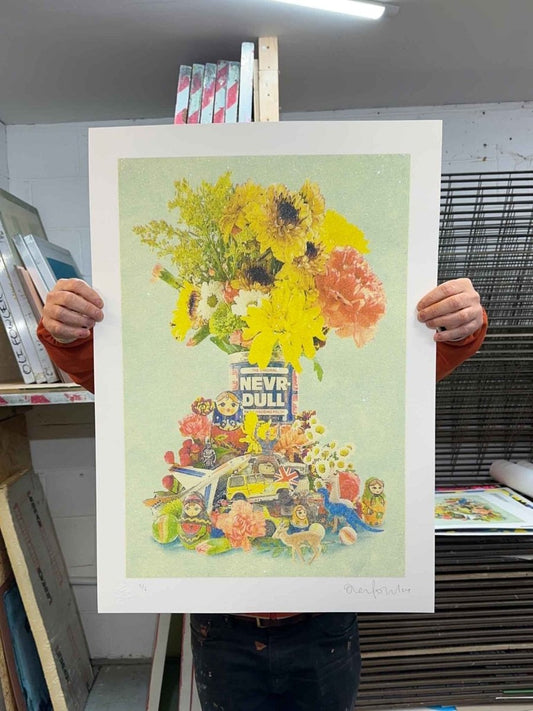 NEVRDULL hand-pulled screenprint by Oli Fowler, floral collage with NEVR-DULL tin, sunflowers, matryoshka dolls and glitter